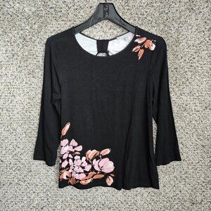 Daniel Rainn Top Womens PS Petite Small Black Floral‎ Print 3/4 Sleeve Casual